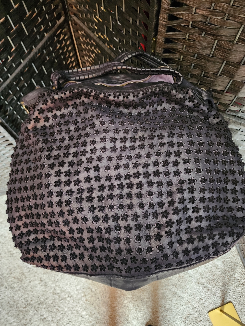 Errelleventdue Black Floral Italian Leather Hobo Women’s Shoulder Handbag